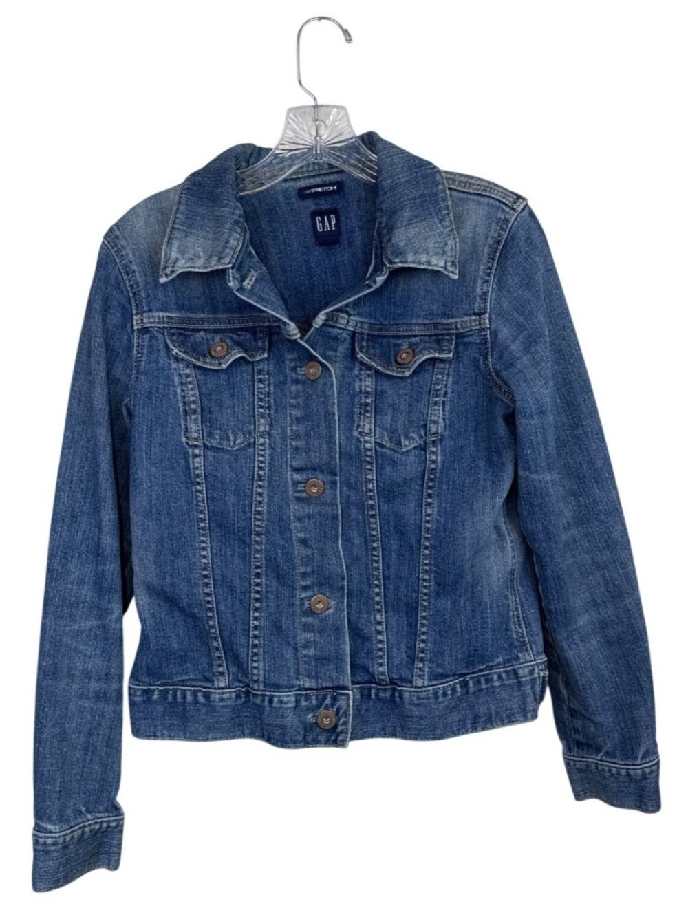 Gap Stretch Denim Jacket Women's M Medium Wash Blue Button Front Trucker Coat